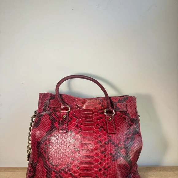 Michael Kors Crimson Snake Print Satchel with Gold Accents